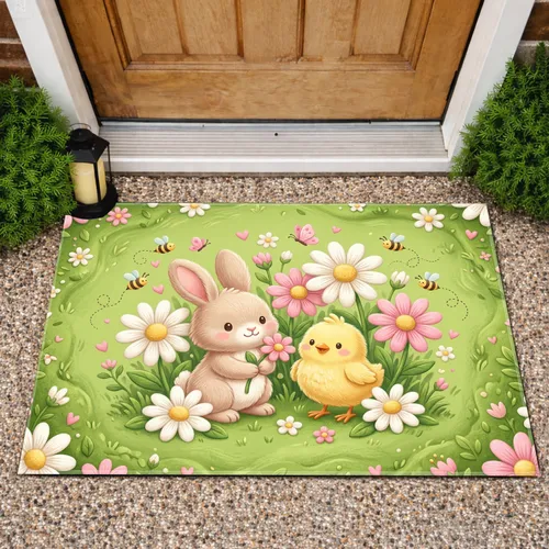 Bunny Chick Daisy Garden Bees Butterflies - Spring Home Decor Gift for Garden Lover Doormat