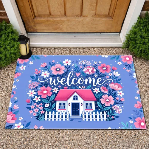Welcome Script House Picket Fence Floral Garden - Home Entryway Decor Gift Doormat
