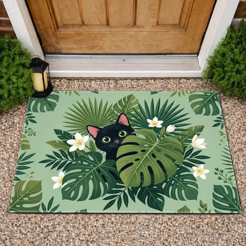 Curious Black Cat Monstera Tropical Leaves - Home Decor Gift for Cat Lover Doormat