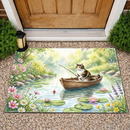 Calico Cat Fishing Rowboat Riverbank Wildflowers - Home Decor Gift for Cat Lover Doormat