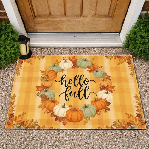 Hello Fall Script Pumpkin Wreath Autumn Foliage - Seasonal Home Decor Gift Doormat