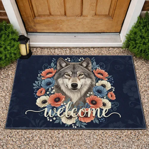Grey Wolf Welcome Floral Garden - Home Decor Gift for Wolf Lover Doormat