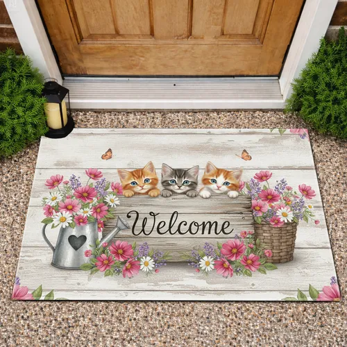 Kittens Welcome Sign Watering Can Floral Garden - Home Decor Gift for Cat Lovers Doormat