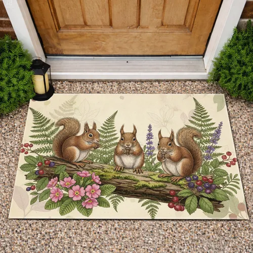 Three Squirrels Mossy Log Wildflowers - Nature Lover Home Decor Gift Doormat