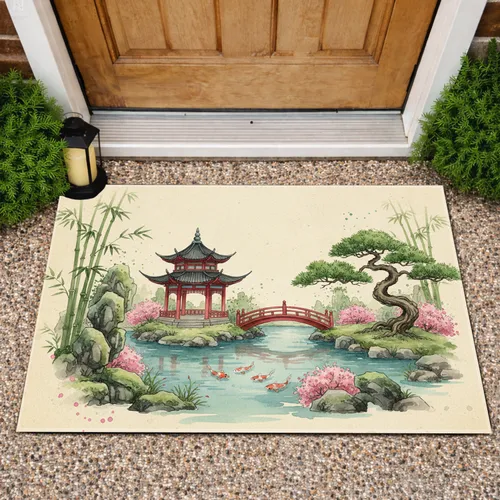 East Asian Garden Pavilion Koi Pond - Home Decor Gift for Garden Lover Doormat