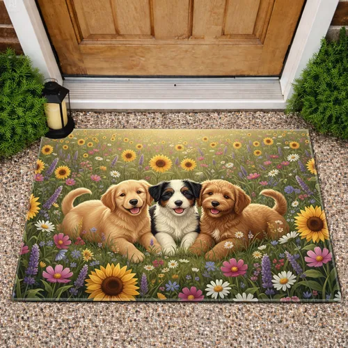 Fluffy Puppies Wildflower Meadow - Home Decor Gift for Dog Lover Doormat