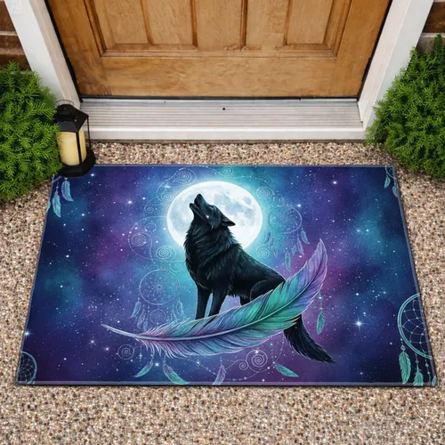 Black Wolf Full Moon Dreamcatcher Cosmic Galaxy - Home Decor Gift for Wildlife Lover Doormat
