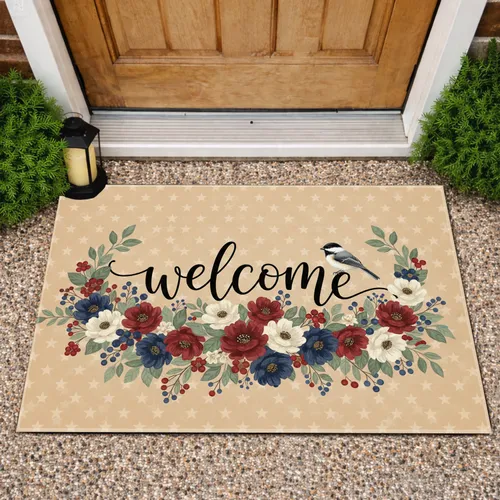 Chickadee Welcome Floral Garland Red Berries Blue Berries Starfield - Home Decor Doormat