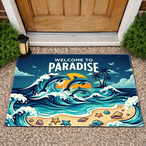 Welcome to Paradise Dolphins Beach Ocean Scene - Travel Lover Home Decor Gift Doormat