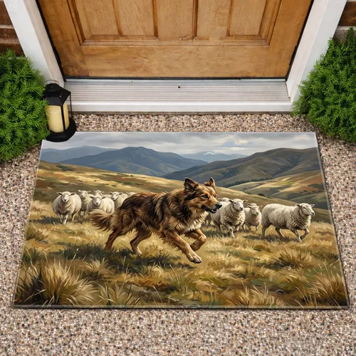 Shaggy Herding Dog Running Sheep Landscape - Farmhouse Decor Gift for Dog Lovers Doormat