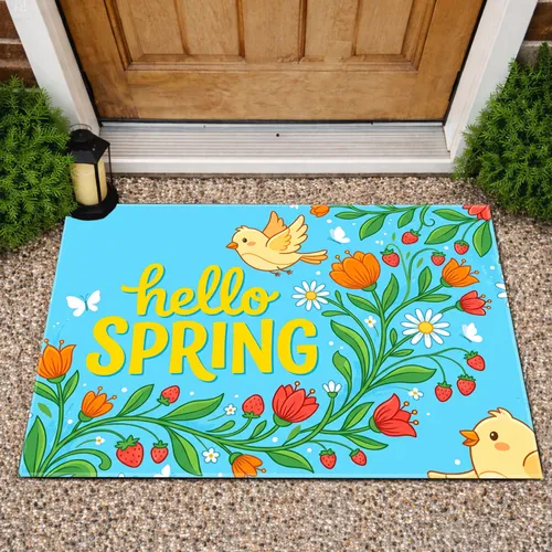 hello SPRING Birds Flowers Vines Strawberries - Welcome Spring Home Decor Gift Doormat