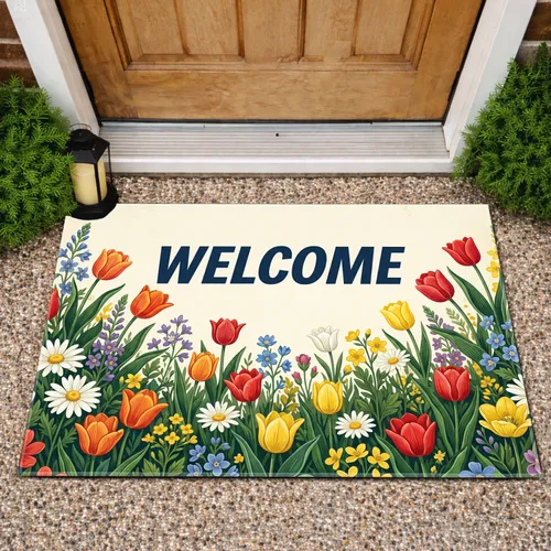 WELCOME Text Vibrant Spring Floral Garden - Entryway Home Decor Gift Doormat