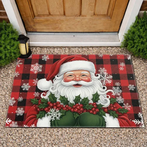Santa Claus Holly Snowflakes Buffalo Plaid - Christmas Holiday Decor Doormat