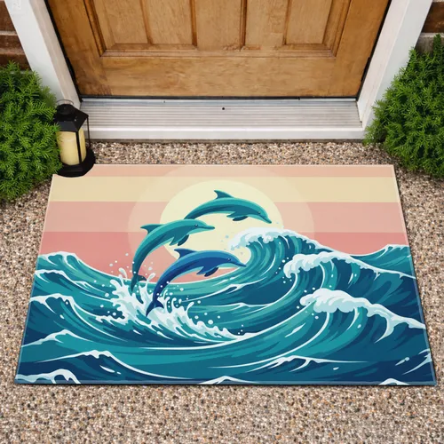 Leaping Dolphins Tropical Sunset Ocean Waves - Ocean Lover Home Decor Gift Doormat