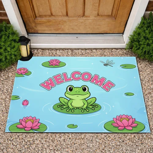 Green Cartoon Frog Lily Pad Welcome Dragonfly Lotus Pond - Everyday Home Decor Gift for Nature Lover Doormat
