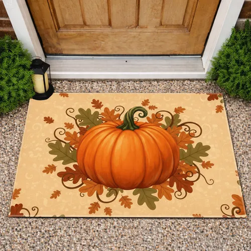 Large Orange Pumpkin Autumn Oak Maple Leaves Curly Vines - Autumn Harvest Home Decor Gift Doormat