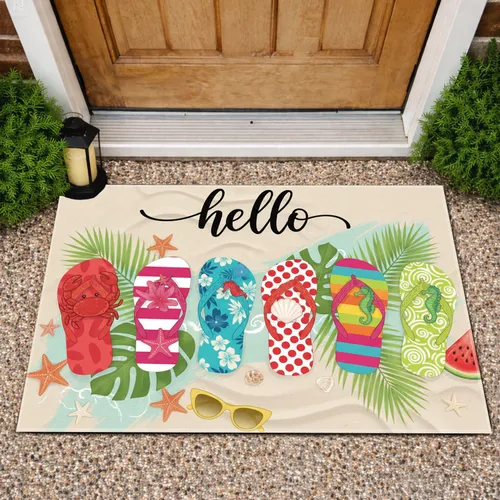 Hello Script Decorated Flip Flops Beach - Summer Home Decor Gift for Beach Lover Doormat