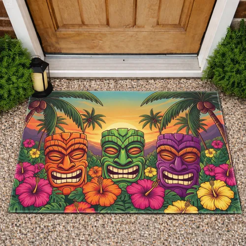 Tiki Masks Tropical Flowers Palm Sunset - Home Decor Gift for Tiki Lover Doormat