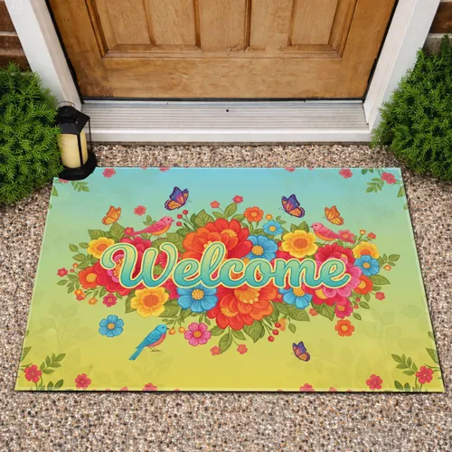 Welcome Garden Flowers Butterflies Songbirds - Everyday Entryway Decor for Garden Lover Doormat
