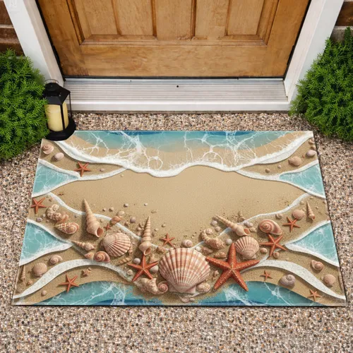 Vibrant Textured Beach Seashells Starfish Ocean Waves - Coastal Home Decor Gift Doormat