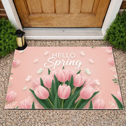Hello Spring Lush Tulips Graceful Butterflies Bouquet - Spring Home Decor Gift Doormat