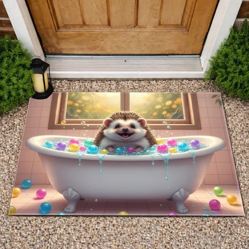 Smiling Hedgehog Bathing Bathtub Bath Bombs Garden Scene - Everyday Home Decor Gift for Pet Lover Doormat