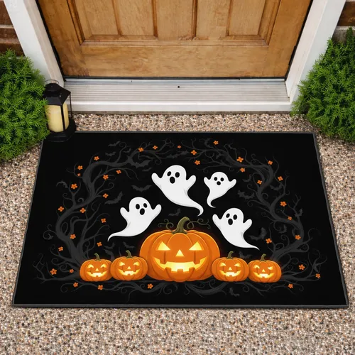 White Ghosts Orange Jack-O-Lanterns Tangled Spooky Vines Bats - Halloween Party Decor Doormat
