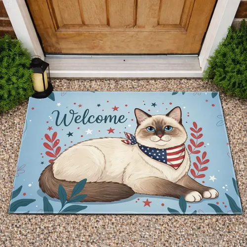 Welcome Cream Cat American Flag - Independence Day Celebration Doormat