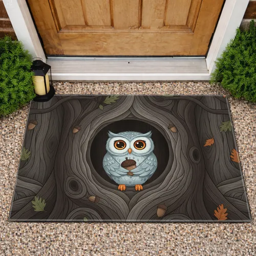 Owl Acorn Tree Hollow Forest Bark - Woodland Home Decor Gift for Wildlife Lover Doormat