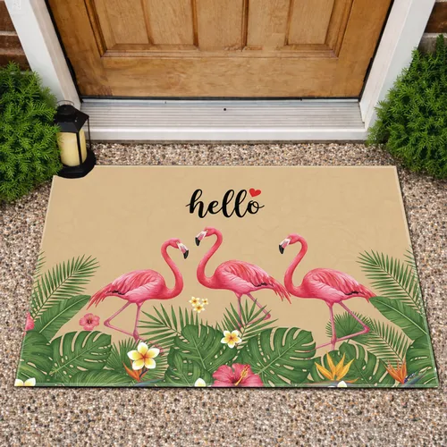 Hello Script Pink Flamingos Tropical Foliage - Home Decor Gift Doormat