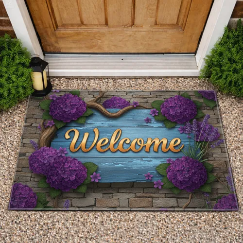 Welcome Sign Hydrangea Lavender - Home Decor Gift for Garden Lover Doormat