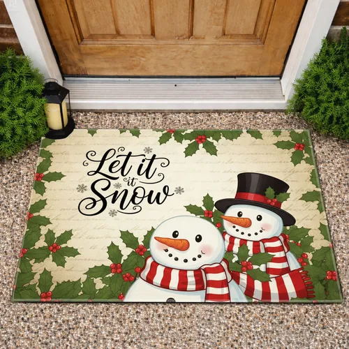 Let it Snow Snowmen Holly Berries Parchment Texture - Winter Christmas Home Decor Gift Doormat