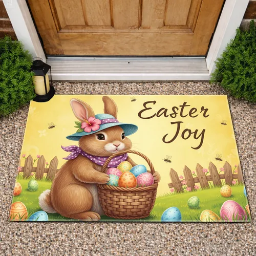 Easter Joy Brown Bunny Pink Flower Scarf Basket Eggs Fence - Spring Home Decor Doormat