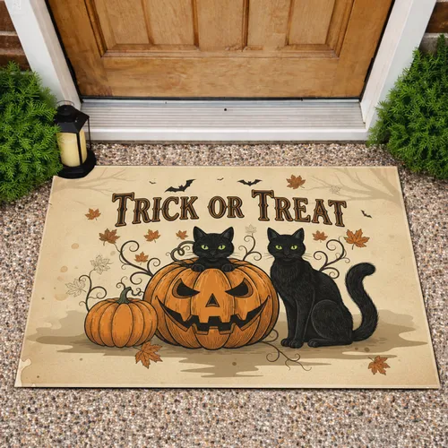 Trick or Treat Jack-o'-lantern Black Cats - Vintage Halloween Decor Doormat