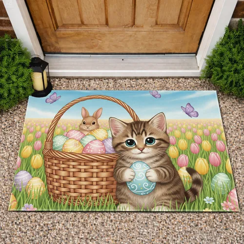 Tabby Kitten Easter Eggs Spring Tulips Bunny - Easter Home Decor Gift Doormat