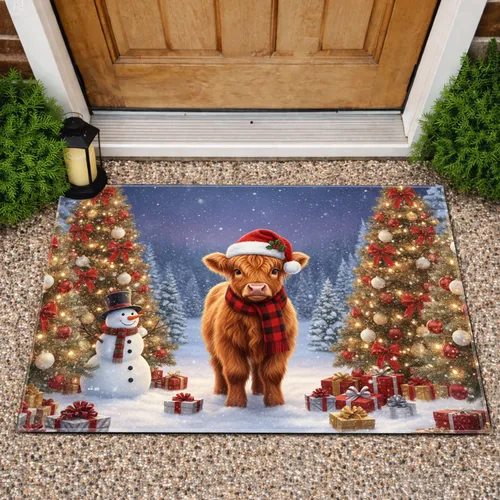 Fluffy Highland Cow Calf Santa Hat Snowman Winter Forest - Christmas Holiday Decor for Cow Lover Doormat