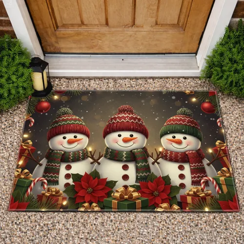 Smiling Snowmen Red Baubles Poinsettia Candy Canes - Christmas Decor Doormat