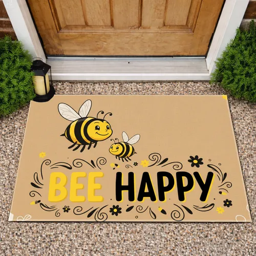 Smiling Cartoon Bees BEE HAPPY - Home Decor Gift for Bee Lover Doormat