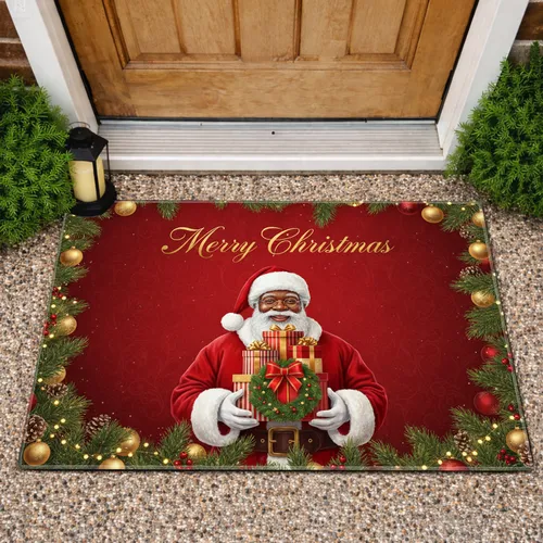 Merry Christmas Black Santa Claus Presents - Holiday Home Decor Doormat