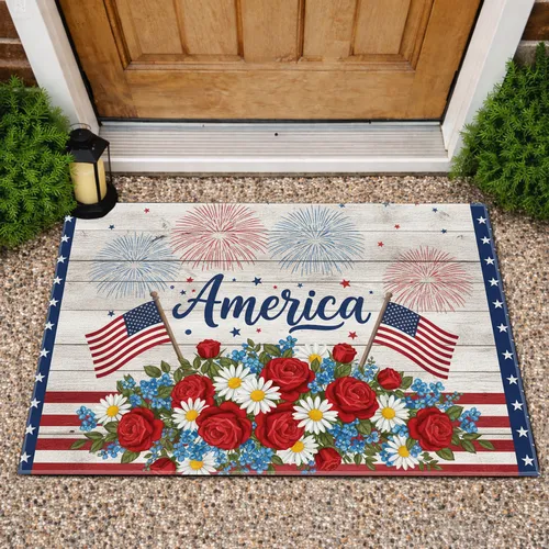 America Text American Flag Patriotic Floral - Independence Day Gift for Veterans Doormat