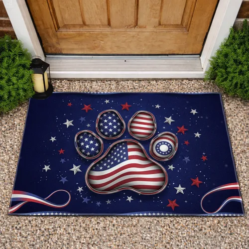 American Flag Paw Print Scattered Stars - Independence Day Home Decor Gift for Veterans Doormat