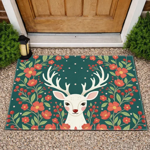 White Deer Floral Berry - Home Decor Gift for Wildlife Lovers Doormat