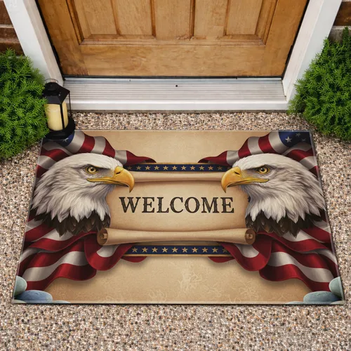 Bald Eagle American Flag Welcome Scroll - Independence Day Gift for Veterans Doormat