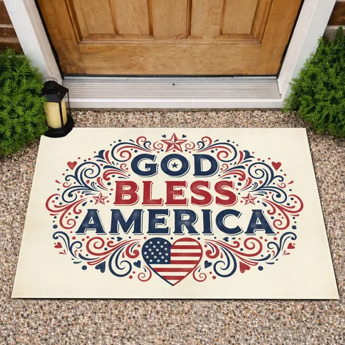 God Bless America Flag Heart Stars - Independence Day Gift for Veterans Doormat