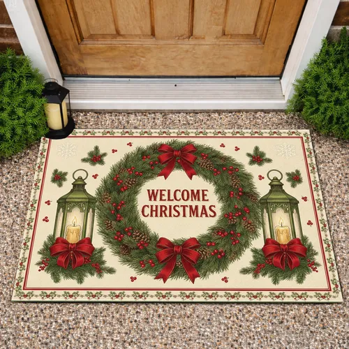 Christmas Wreath Red Berries Pinecones Green Lanterns Welcome Snowflake Holiday Decor Doormat