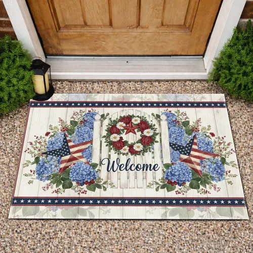Welcome Wreath Gate American Flag Stars - Independence Day Home Decor Gift Doormat
