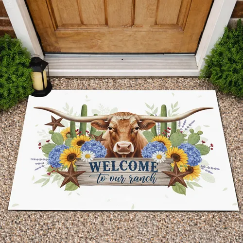 Texas Longhorn Welcome Ranch - Farmhouse Decor Gift for Cow Lover Doormat