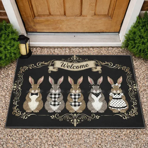 Five Dressed Rabbits Welcome Banner - Everyday Home Decor Gift for Rabbit Lover Doormat