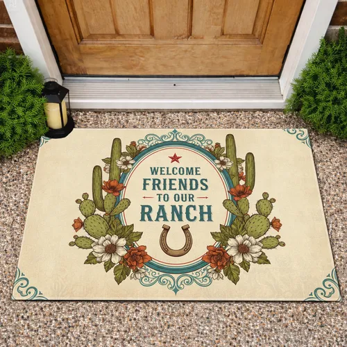 WELCOME FRIENDS TO OUR RANCH Horseshoe Saguaro Cactus - Rustic Ranch Home Decor Doormat