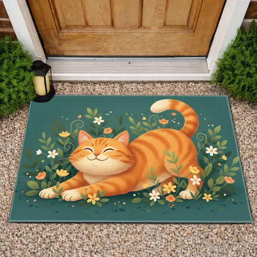 Stretching Orange Tabby Cat Lush Garden Flowers - Home Decor Gift for Cat Lover Doormat
